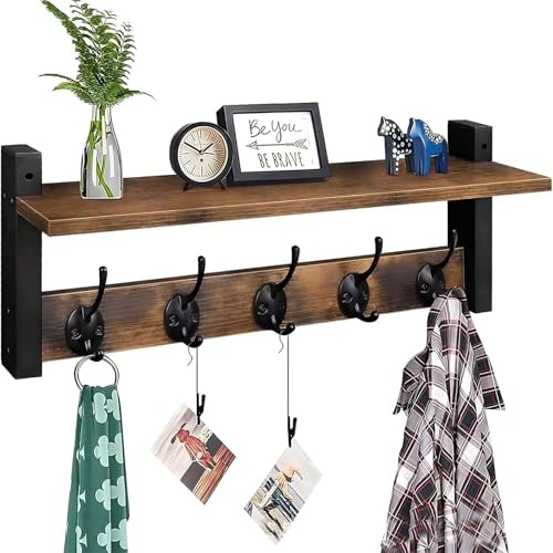 JUMRHFAN Portemanteau mural avec étagère, Porte-vêtements en bois pour mur avec 5 crochets doubles, Étagères suspendues, 44 centimètres de long, pour...