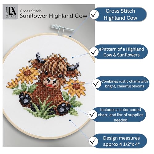 Image of LEISURE ARTS Highland Cow Cross Stitch Spring ePattern, Counted Cross Stitch Pattern Books for Adults, Beginner DIY Embroidery Pattern Book for Home Decor Crafts