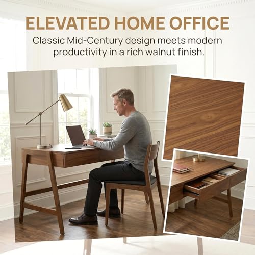 Image of HNY 59 Inches Walnut Wooden Writing Desk with 3 Drawers, Computer Study Table with MDF Top, Solid Rubberwood Legs and Hidden Cable Management Holes, Corner Makeup Vanity Desk for Home Office, Bedroom