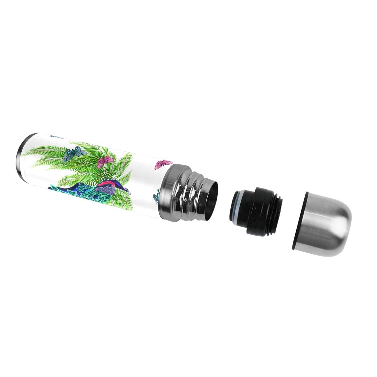 Taza de viaje de acero inoxidable con aislamiento al vacío, doble pared, a prueba de fugas, color pavo real, impresión personalizada impresa en piel auténtica, termo de 500 ml