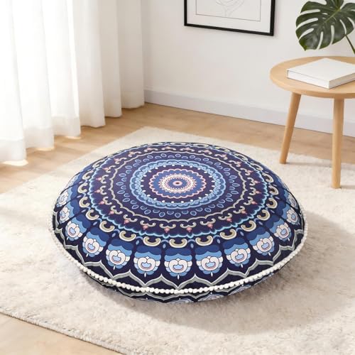 LOVMOC 32 Inch Round Floor Pillow for Adults, Large Thick Memory Foam Boho Mandala Meditation Floor Seating Cushion, Machine Washable for Living Room Outdoor Yoga Floor Sitting, Navy Blue