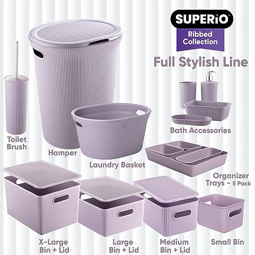Image of Superio Ribbed Collection - Decorative Plastic Laundry Basket with Cut-Out Handles, Lilac Purple (1 Pack) Hamper Organzier for Bedroom Bathroom College Dorm Room 35 Liter