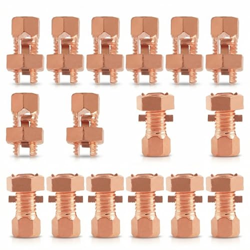 ASUNTOM Split Bolt Connectors 16-Pack Copper Grounding Clamps for 4-8 AWG Wire Solid Brass Core & Pure Copper Shell for Electric Fence Solar Panel Grounding Applications (TJ16)