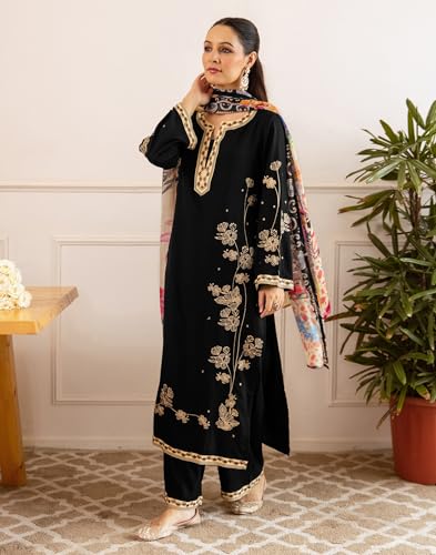 Image of Skylee Women's Rayon Embroidered Straight Kurta with Pant & Dupatta