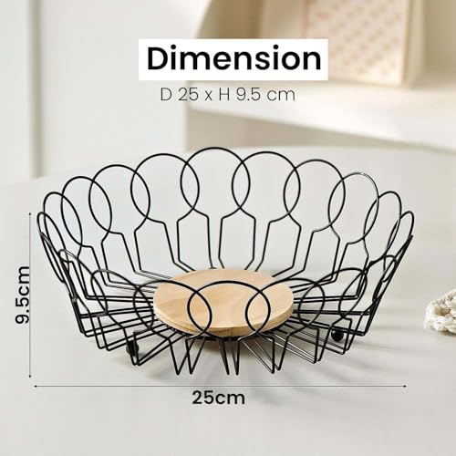 Image of Go Hooked Decorative Metal Wire Fruit Basket with Wooden Base for Home & Dining Table 10Inch | Open Wire Countertop Fruit Bowl for Vegetables, Snacks & Bread | Modern Home Decor Storage Basket (VM15D)