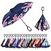 AmaGo Inverted Umbrella – Reverse Double Layer Long Umbrella, C-Shape Handle & Self-Stand to Spare Hands, Inside-Out Fold to Keep Cars & Drivers Dry, Carrying Bag for Easy Traveling (Flamingo)