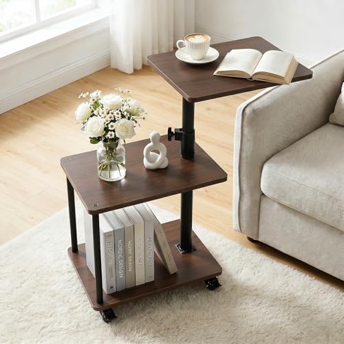 Bingyouth Modern Farmhouse Rolling Side Table with Wheel for Living Room Adjustable Height Swivel End Table for Different Seating Types Ideal for Couch Sofa Recliner and Living Room Walnut-Look