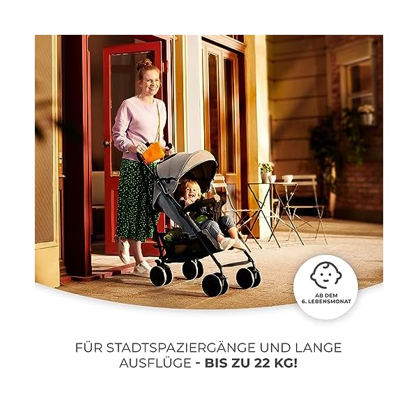 Kinderkraft Kinderwagen SIESTA, Leichte Reise Buggy, Verstellbare Rückenlehne, Liegeposition, Kleine Maße nach Zusammenklappen, Vergrößerbares Verdeck, Für ältere Kinder, bis 22 kg, Grau