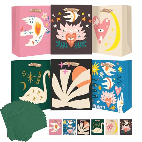 Gcardist Mittlere Geschenktüten aus Papier mit Griffen aus Seidenpapier 6 Stück Retro-Geschenktüten aus Karton mit Blumenmuster für Frauen Mütter Großmütter und Partyzubehör