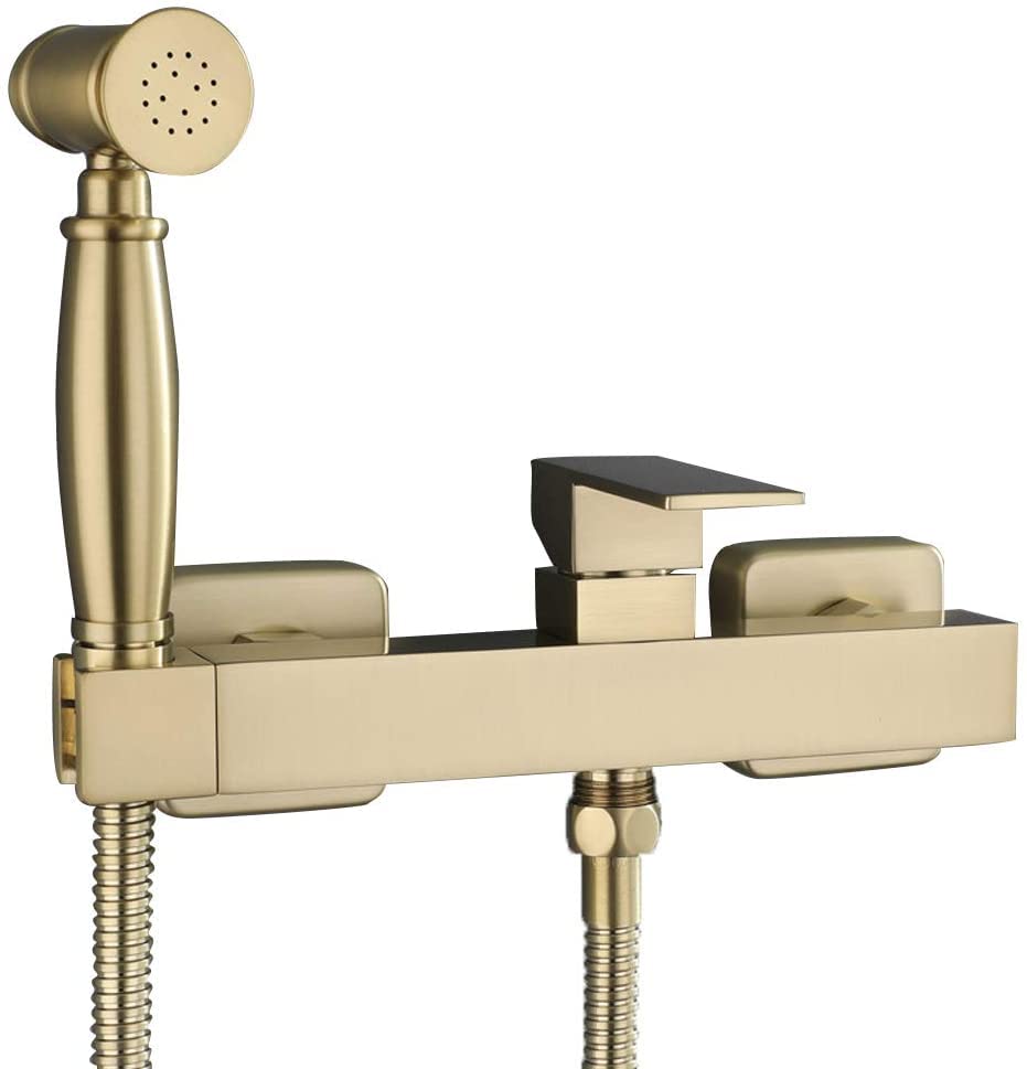 Robinet de baignoire thermostatique mural or brossé avec douchette à main en laiton pour douche