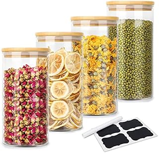 1300ml Glass Food Storage Containers Jars, 4 Pack Glass Storage Canister Cookies Jars with Airtight Bamboo Lids Kitchen Canisters Set for Pasta Spaghetti Tea Coffee Beans Snack Flour Noodles Cereal