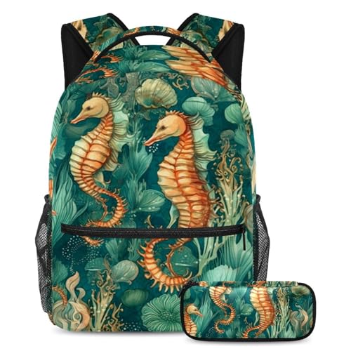 Sac à dos hippocampe vintage grande capacité pour ranger classeurs et trousse