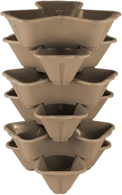 6 x Strawberry Planter Trio Stacking Stackable Outdoor Garden Flower Herb Plastic Plant Pot (Taupe)