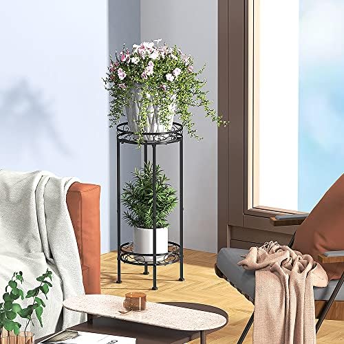 Mutool 2 Tier Tall Plant Stand, Metal Plant Stands Indoor 70x30cm, Flower Stand Flower Pot Display Stand for Garden Patio, Black