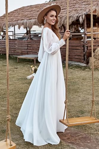 Lorencia Women's Long Sleeve V Neck Lace Beach Wedding Dresses 2025 Empire Waist A Line Chiffon Bridal Gowns for Bride LN0034
