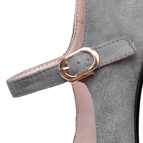 SHEMEE Women's Chunky High Heels Platform Mary Janes Pumps Faux Suede Ankle Strap Buckle Round Toe Block Heeled Dress Shoes4
