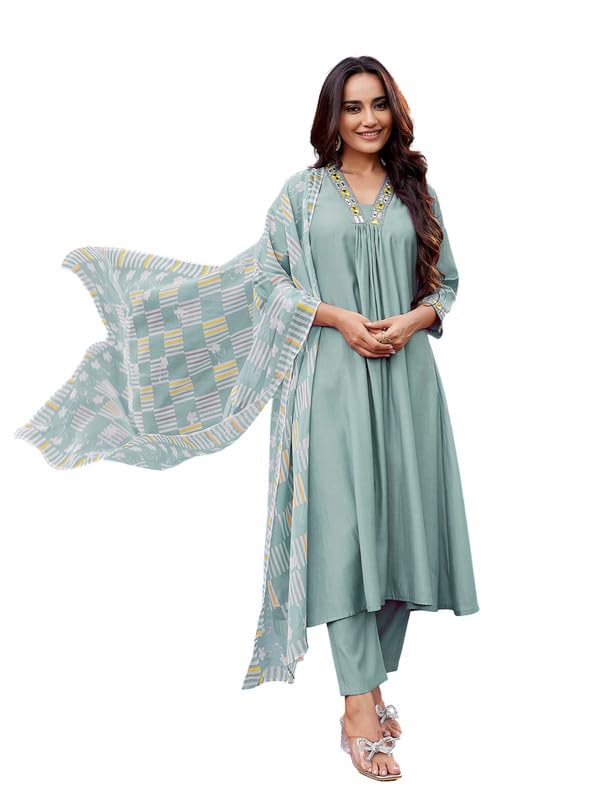 Image of Royal Export Women's Viscose Yoke Mirror Work Solid Flared Kurta Pant with Dupatta Set, Anarkali Kurta Sets for Women