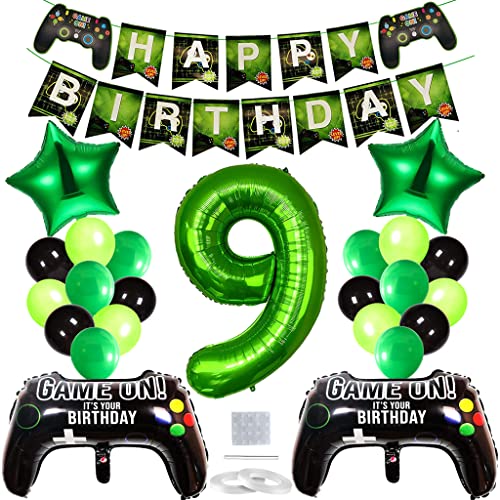 Glecxuy Videospiel Geburtstagsdeko 9 Jahre, Gamer Deko 9. Geburtstag, Gamecontroller Luftballons Spieler Thema Ballon mit Happy Birthday Girlande für 9 Geburtstag Jungen Kinder Party Deko Cover