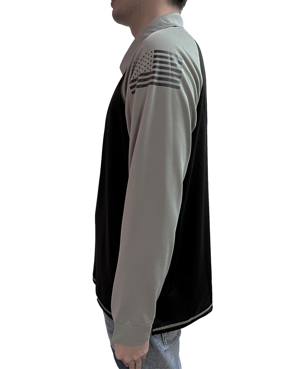 HARGLESMAN Men's Patriotic Polo Sports Long Sleeve T Shirt Tactical Performance US Flag Tops Autumn Fall Casual Tees for Yoga Bowling Golf Tennis Activewear Black and Grey L