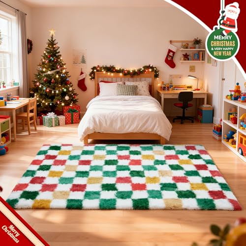 Christmas Area Rug 5x8 for Bedroom Living Room, Checkered Shag Rug Fuzzy Shaggy Bedside Carpet,Indoor Plush Floor Rugs for Holiday Home Decor