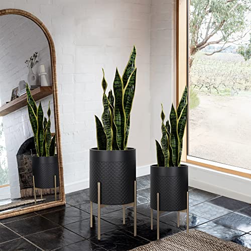 Oakrain Planters for Indoor Plants, Set of 2 Mid Century Modern Planter with Stand, Decorative Metal Planter Pots for Living Room, Office, Garden or Balcony, Black, 10&12