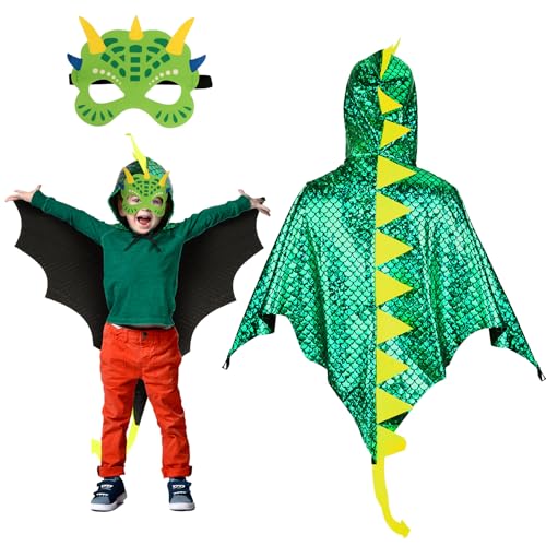 Landifor 2 Stück Dinosaurier Kostüm Kinder grün Dinokostüm Dinosaurierkostüm Drachenflügel Umhang mit Maske Pterosaurier Verkleidung für Mädchen Jungen Halloween Fasching Karneval Walpurgisnacht