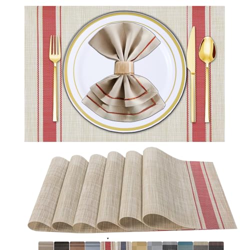 ARTAND 6 Sets de Table Lavable PVC Vinyle Dessous Assiette de Dîner Durables Napperon Rectangulaire Intérieure/Extérieure -6 Pièces, 01 Rouge