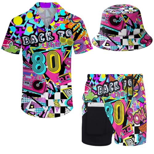Ldvjkx Mens 3 Piece Back to 80s Outfits Shirt and Shorts Set Neon Hawaiian Mens Funny Beach Tracksuits 1980s Outfits with Bucket Hats for Disco Party Large