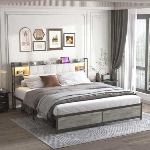 Queen Size Bed Frame with LED Lights Power Outlet Upholstered Platform Bed with Storage Sturdy Metal Slats No