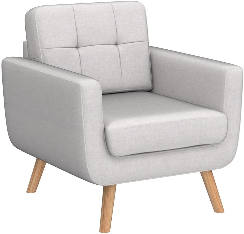 Tbfit Linen Fabric Single Sofa, Accent Chair, Mid Century Modern Armchair for Living Room, Bedroom Button Tufted Upholstered Comfy Reading Sofas, Beige | linen fabric, button tufted, solid wood foot, pocket spring, wood slats frame
