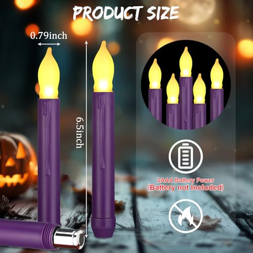 Image of Macarrie 60 Flickering LED Taper Candles, Purple Candle Yellow Light