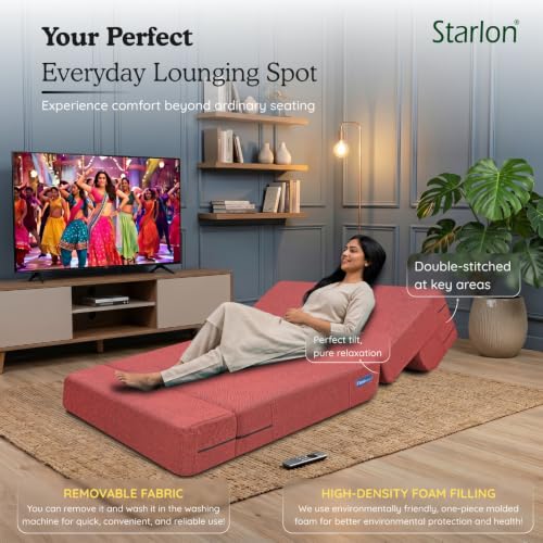Image of Starlon 2 Seater Foldable Sofa Cum Bed 3-in-1 with 2 Floral Pattern Pillows, Washable Jute Fabric Cover, Space Saving Guest Bed, Pre-Assembled Royal Maroon 4x6 Ft