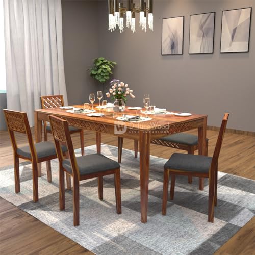 Image of DRIFTINGWOOD Maharaja Sheesham Wood Dining Table 6 Seater | Wooden Six Seater Dinning Table with Grey Cushion Chairs & Bench | Dinner Table 6 Seater | Dining Room Sets | Self Assembly, Natural Finish