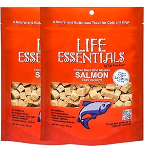 LIFE ESSENTIALS BY CAT-MAN-DOO All Natural Freeze Dried Wild Alaskan Salmon Treats for Cats & Dogs – Single Ingredient Grain Free Snack with No Additives or Preservatives, 5 Ounce Bag – 2 Pack