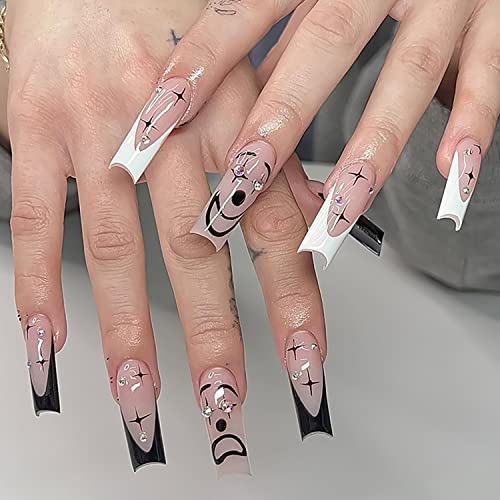 24 Pcs Halloween Press on Nails Long Coffin Fake Nails French Rhinestone Design False Nails With Clown Pattern Glossy Acrylic Nails Black and White Nail Tips Full Cover Nail Tips for Women and Girls Halloween Nails