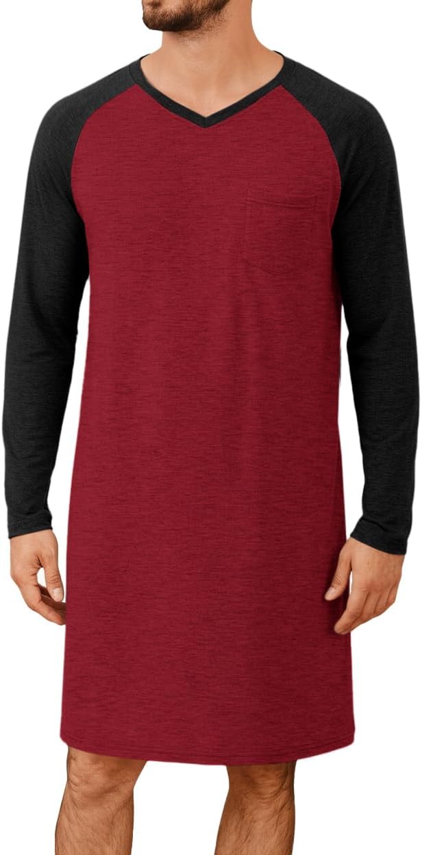 Runcati Mens Nightshirt Long Sleeve V Neck Nightgown Comfy Big & Tall Lounge Pajama Sleepwear Sleep Shirt