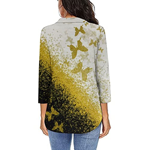 Camisetas plissadas lisas femininas outono verão manga 3/4 gola V gola alta caimento solto camiseta