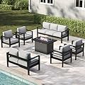 Aeeiua 7 Pieces Aluminum Outdoor Patio Furniture Set with Fire Pit Table, Modern Metal Conversation Sofa Set with Deep Seating