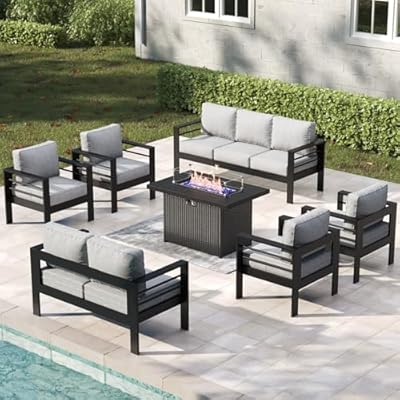 Aeeiua 7 Pieces Aluminum Outdoor Patio Furniture Set with Fire Pit Table, Modern Metal Conversation Sofa Set with Deep Seating