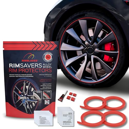 Red Rim Protectors for Alloy Wheels by Rimsavers - Fits Up to 22 X 4 Rims | Easy DIY Exterior Car Accessories | Protects Against Curb Rash