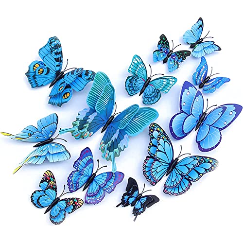 24Pcs Butterfly Wall Stickers 3D Blue Butterflies Wall Decals For Home Living Room Bedroom Wall Diy Decoration, 12 Style 4 Size Butterfly Removable Mural Wall Art Magnet Stickers #TOP6