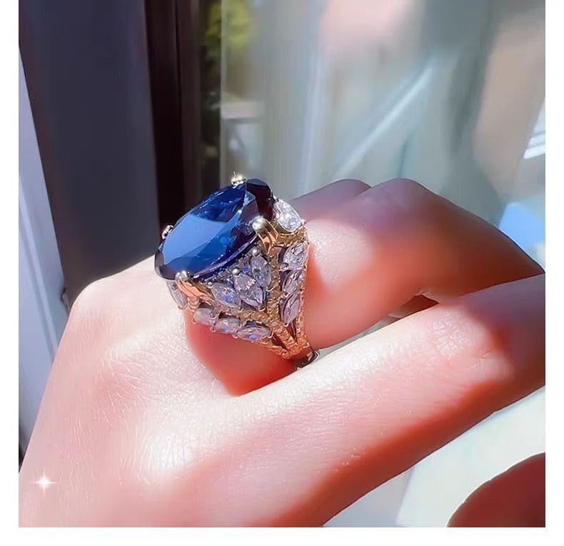 Oval Sapphire Ring - Handmade Gold-plated Statement diamond inlaid adjustable Ring - Fashion, Bridal, Birthstone, Engagement, Anniversary Ideas for Women3