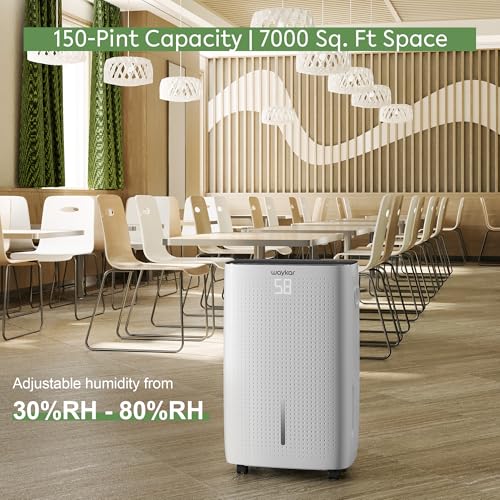 Image of Waykar 150 Pint 7,000 Sq.Ft Dehumidifier for Basement & Home, Large Room, Smart Compressor Dehumidifier with Drain Hose & Tank for Commercial, 30%-80% Humidity Control, 90 Auto Swing, Auto Defrost