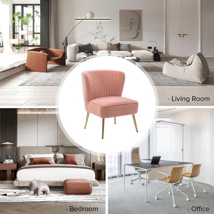 Image of Modern Upholstered Accent Velvet Chair Single Seater Channel Tufted Wing Back Chair with Golden Matel Legs for Living Room, Bedroom, Dining Room, Pink