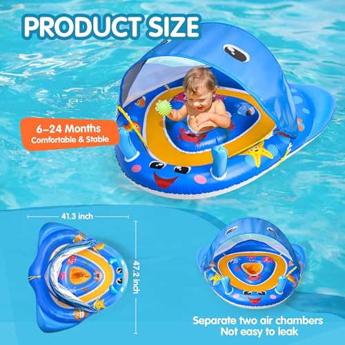 Flotteur de natation bébé bleu avec auvent ajustable pour tout-petit - 2