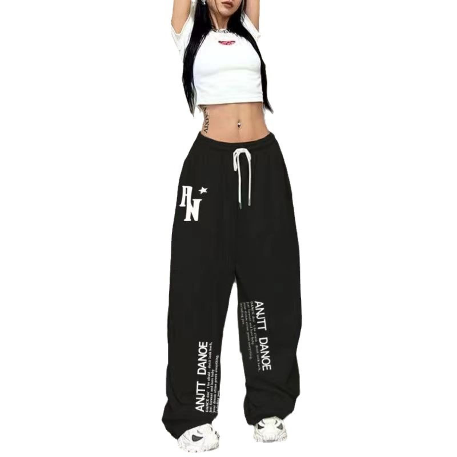 Pantalones De Baile Hip Hop, Pantalones De Cintura Alta con Cordón Y Gráficos, Corte Holgado, Rojo, Blanco, Negro, S-2XL (Black,S)