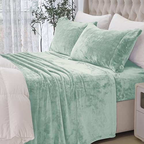 Elegant Comfort Luxuriously Soft 4-Piece Velvet Plush Flannel Sheet Set - Premium Quality - Cozy Warm, Anti-Static, Non Pilling Fuzzy Velvet Flannel Fleece Deep Pocket Sheet Set - Twin XL, Mint Green
