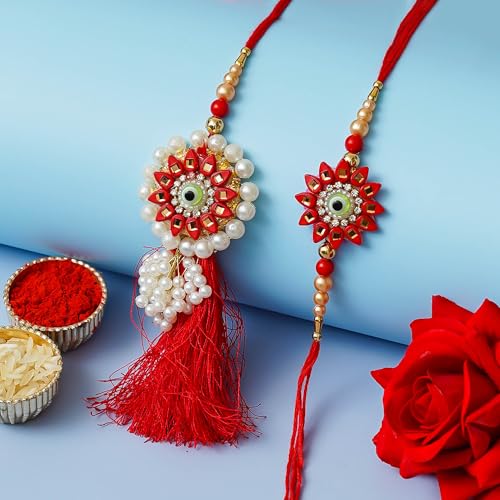 Image of eCraftIndia Set of 2 Kundan Beads Beautiful Peacock Designer Rakhis with Roli Chawal Pack