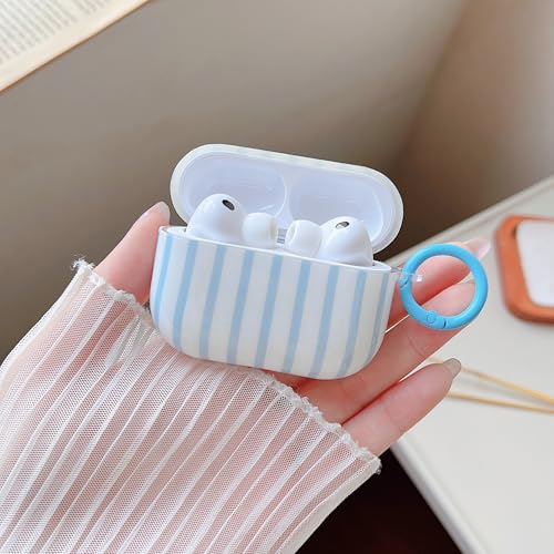 Image of MINSCOSE for AirPods Pro 3rd Generation Case (2025),Cute Striped Aesthetic Pattern Design with Girly Keychain Ring,Soft TPU Protective Shockproof Cover with Cleaner Kit for Airpods Pro 3-Blue