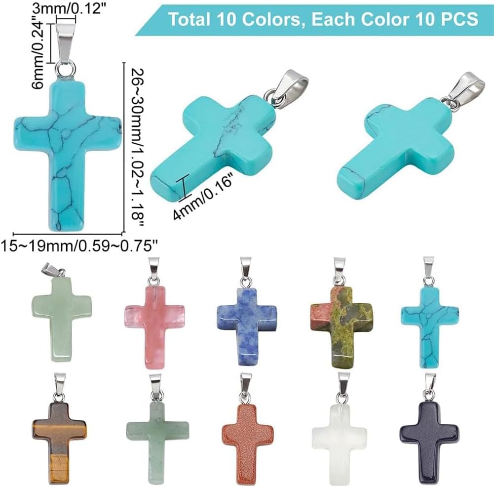 PH PandaHall 50pcs Stone Cross Charms 10 Color Easter Gemstone Pendants Cross Quartz Crystal Chakra Charms for Valentine Eid Mubarak Ramadan Decoration Necklace Earring Bracelet Jewelry Making